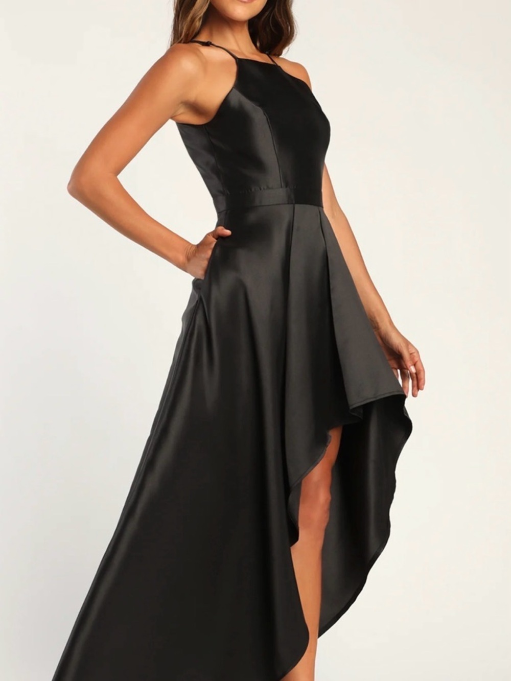 Lulus Elegant Black High-Low Satin and Chiffon Evening Gown Large - Picture 3 of 4